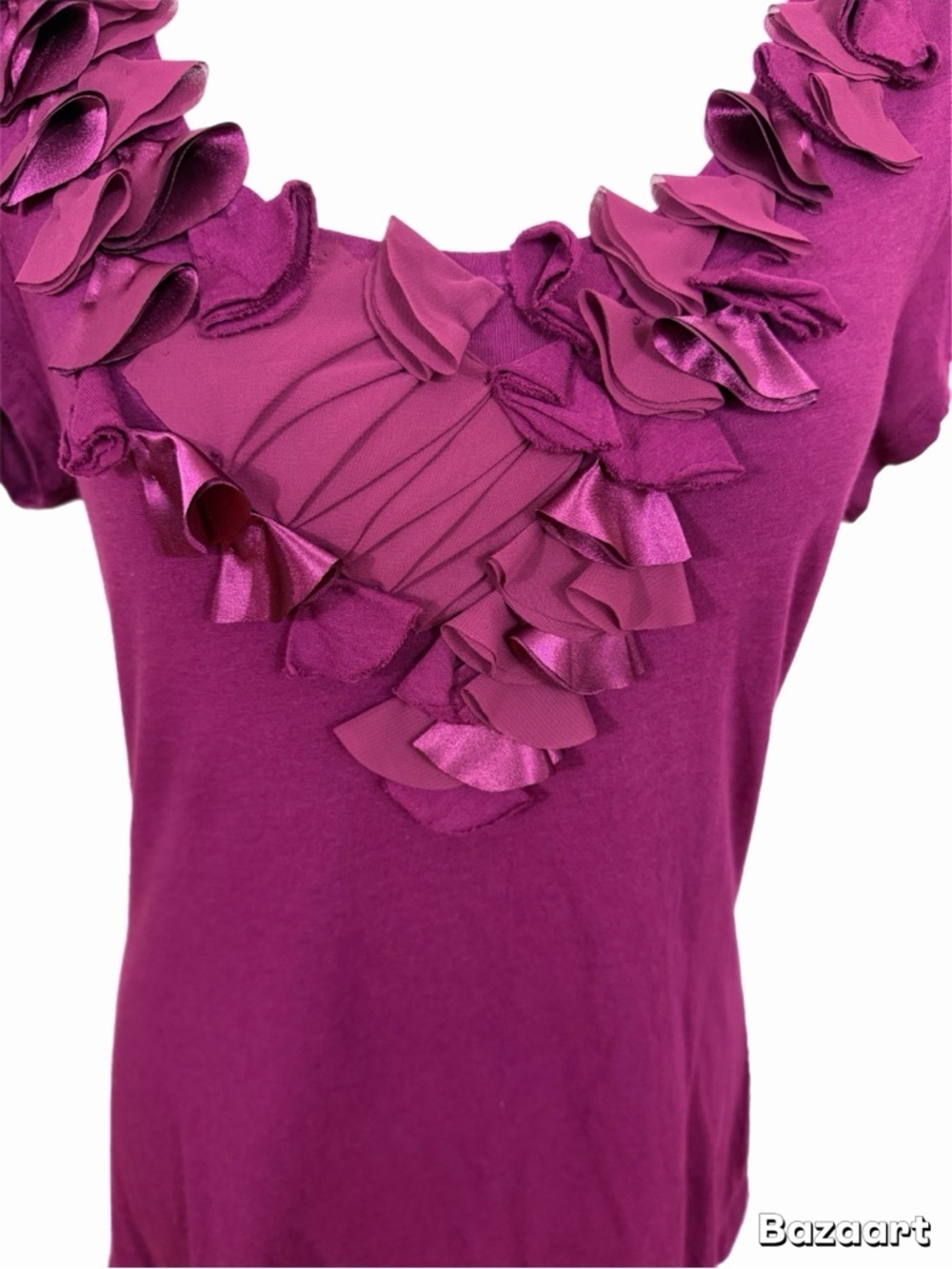 ELLE Ruffle Neck Top Women’s Medium Magenta Short Sleeve Stretch Casual - Picture 3 of 7